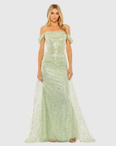 Green Off the Shoulder Sequin Panel Train Gown - FINAL SALE
